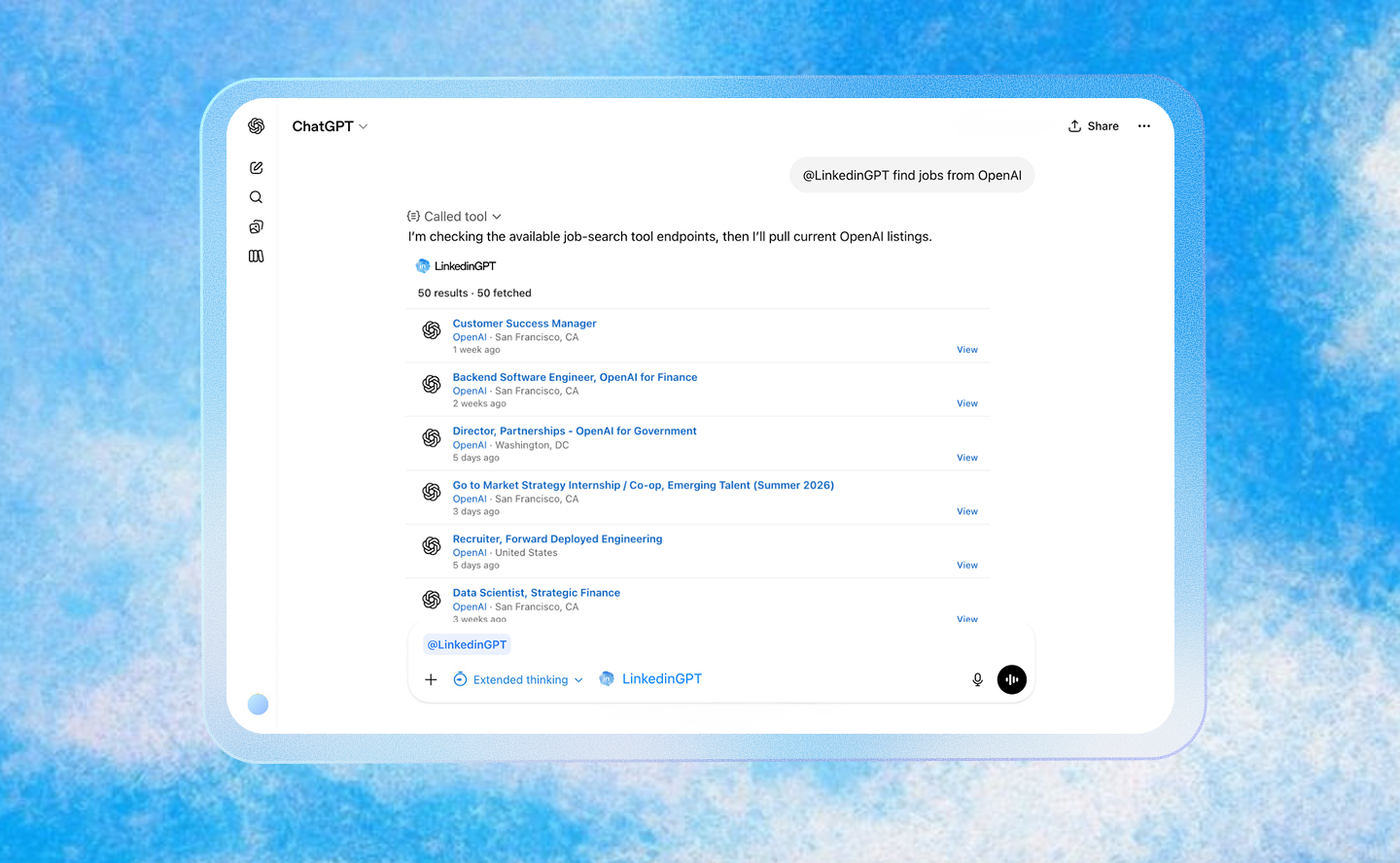 LinkedinGPT in action — searching jobs through ChatGPT